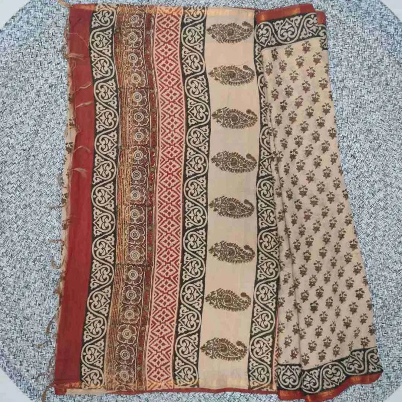 Chanderi Bagru Print Saree with Blouse - Cotton Saree